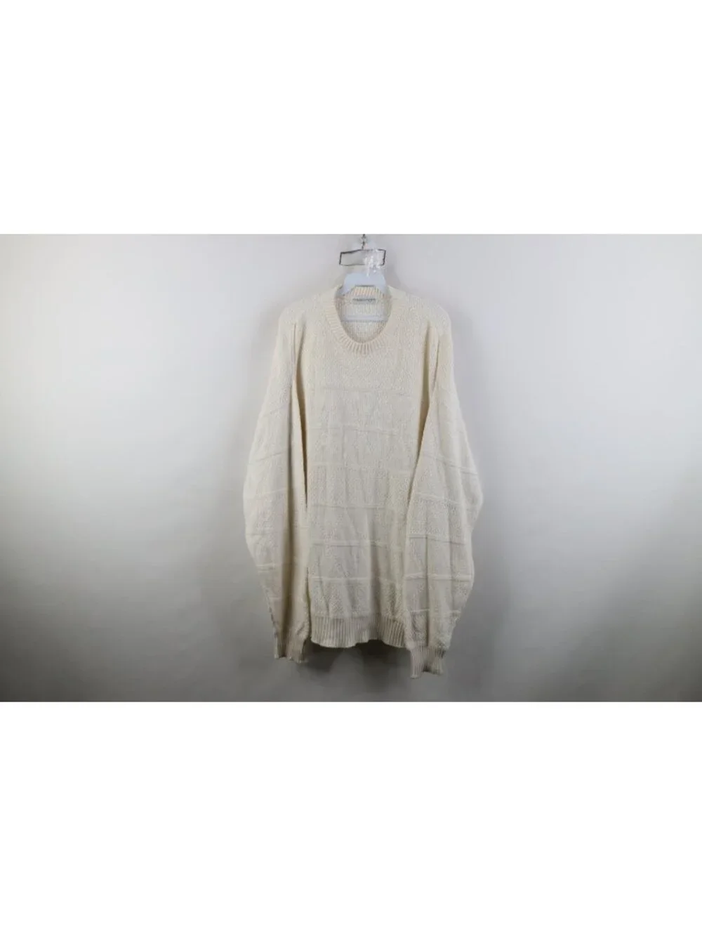 Vintage 90s Streetwear Mens 2XL XXL Geometric Knit Crewneck Sweater White Cotton